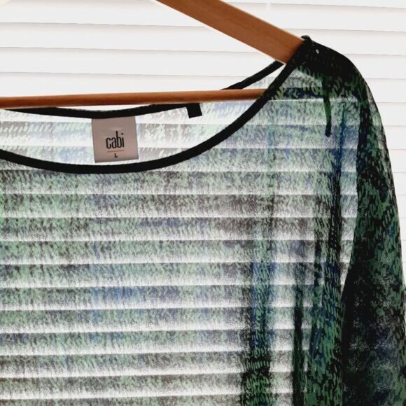 CABI Semisheer Asymmetrical Hem Light Blouse Top Green & Blue Sz L - Picture 2 of 10